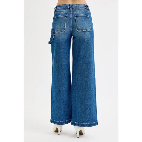 RISEN High Rise Patch Detailed Zipper Fly Stretch Dark Wash Wide Leg Denim Jeans - Picture 3 of 8